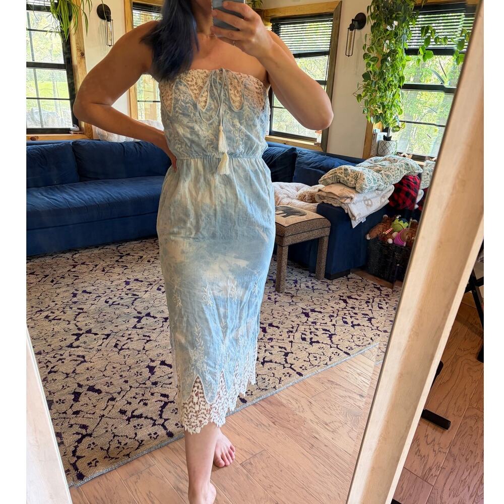 Jealous Tomato blue and white crocheted strapless midi dress
